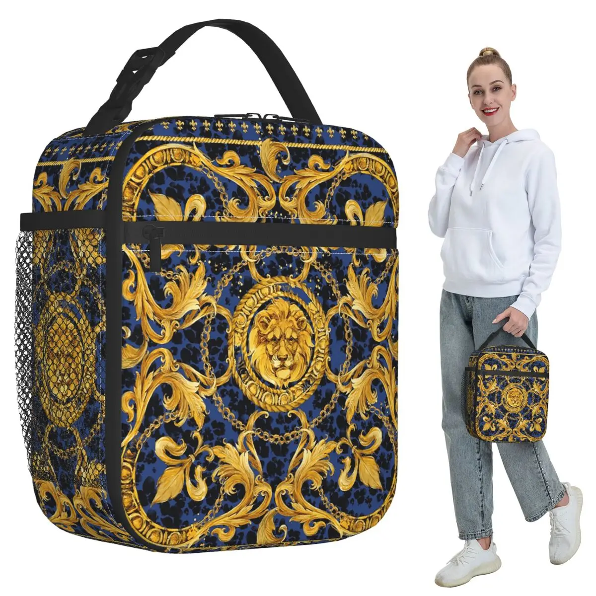 

Golden Lion Baroque And Damask Ornament Insulated Lunch Bag Women Cooler Thermal Food Box Tote Leakproof Lunch Boxes Container