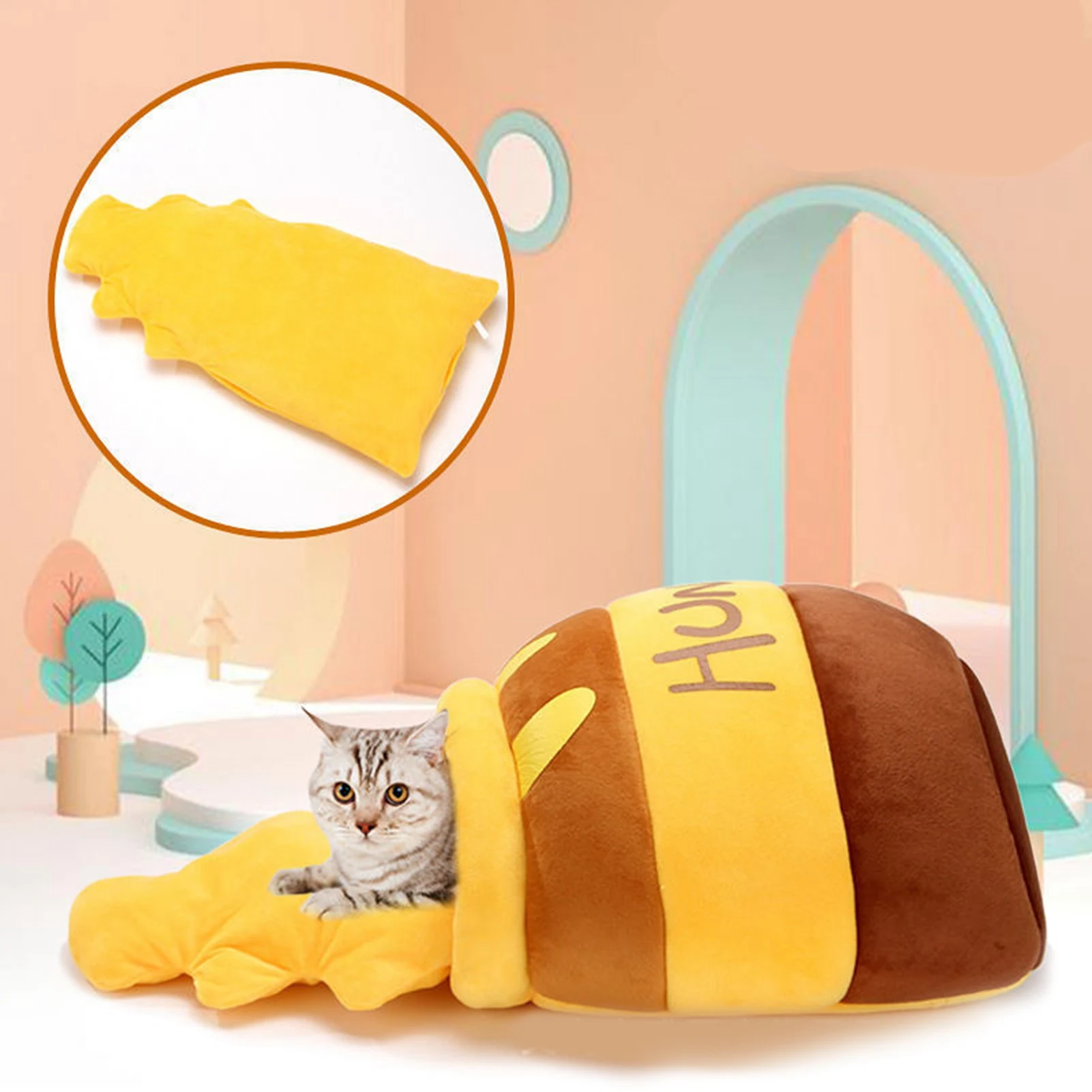 Cat Cave Bed Warm Soft Removable Cushion Honey Pot Shape Cute Pet Bed House For Puppy