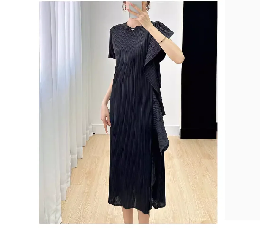 

HOT SELLING Miyake fold new style o-neck short sleeve Ruffle irregular dress IN STOCK