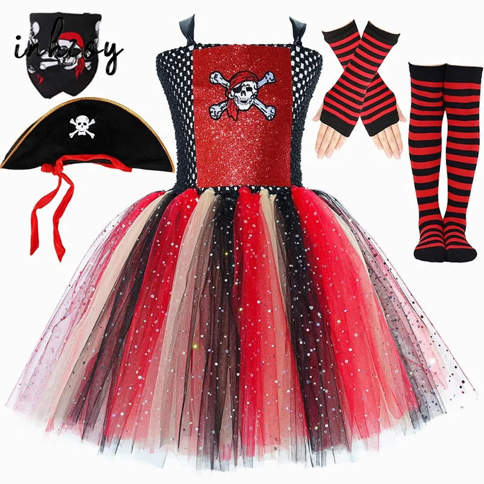 

Костюм пирата для девочек, комплект костюмов для косплея на Хэллоуин, пышное платье с принтом черепа, регулируемый галстук-бабочка, лоскутная шляпа с блестками, перчатки, носки