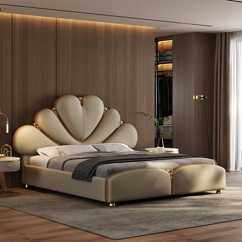 

Light Luxury Genuine Leather Beds Modern Simplicity Bedroom Furniture Flower Shaped Bed Frame With Storage Metal Decoration Bed