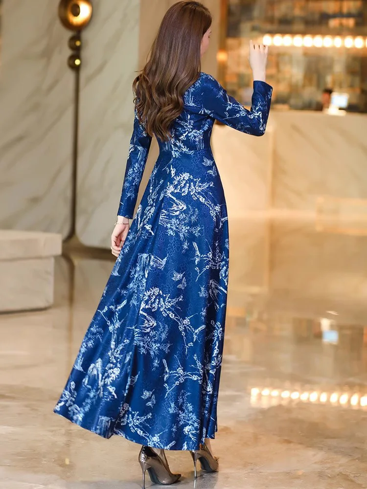 New Women Chinese Style Blue Print Dress Spring Autumn Fashion Elegant Cheongsam Collar Long Sleeve New Women Chinese Style Blue Print Dress Spring Autumn Fashion Elegant Cheongsam Collar Long Sleeve
