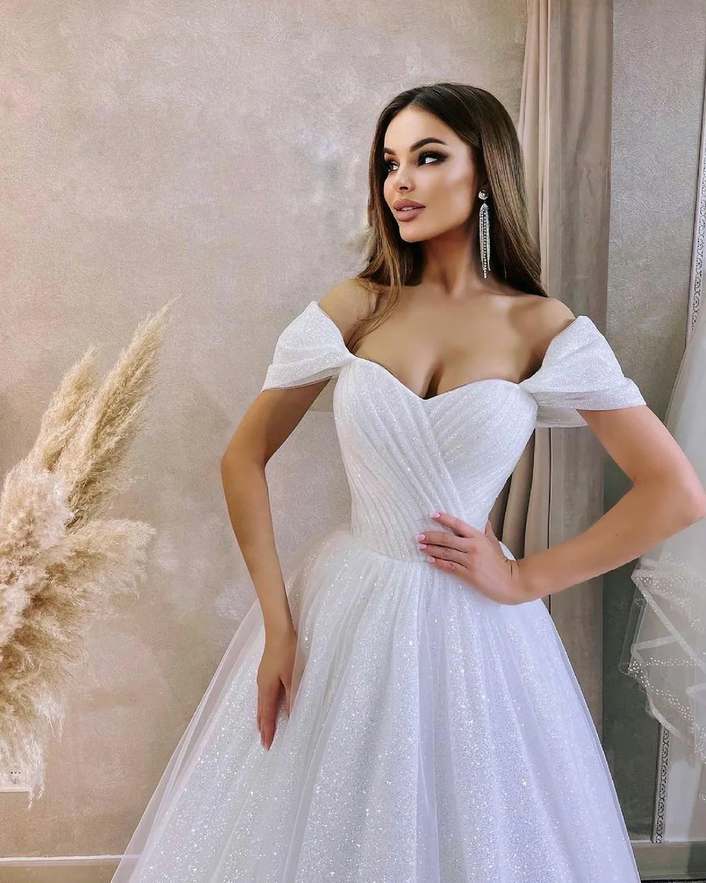 SoDigne 2022 Shiny A Line Wedding Dresses Off Shoulder Boho Bride Dress Glitter Wedding Gowns Princess Vestido de Noiva