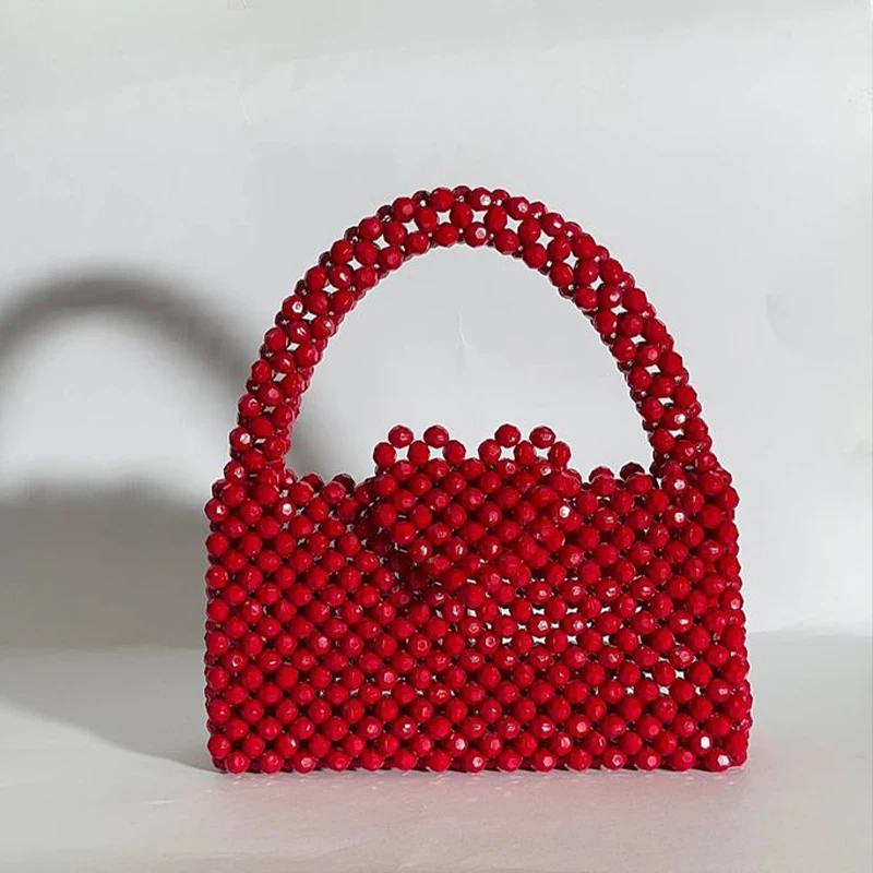 

Handbag for Women Red Beaded Bag Portable Customizable Holiday Gifts Designer Party Purses Top-Handle Female Fashion Wholesale