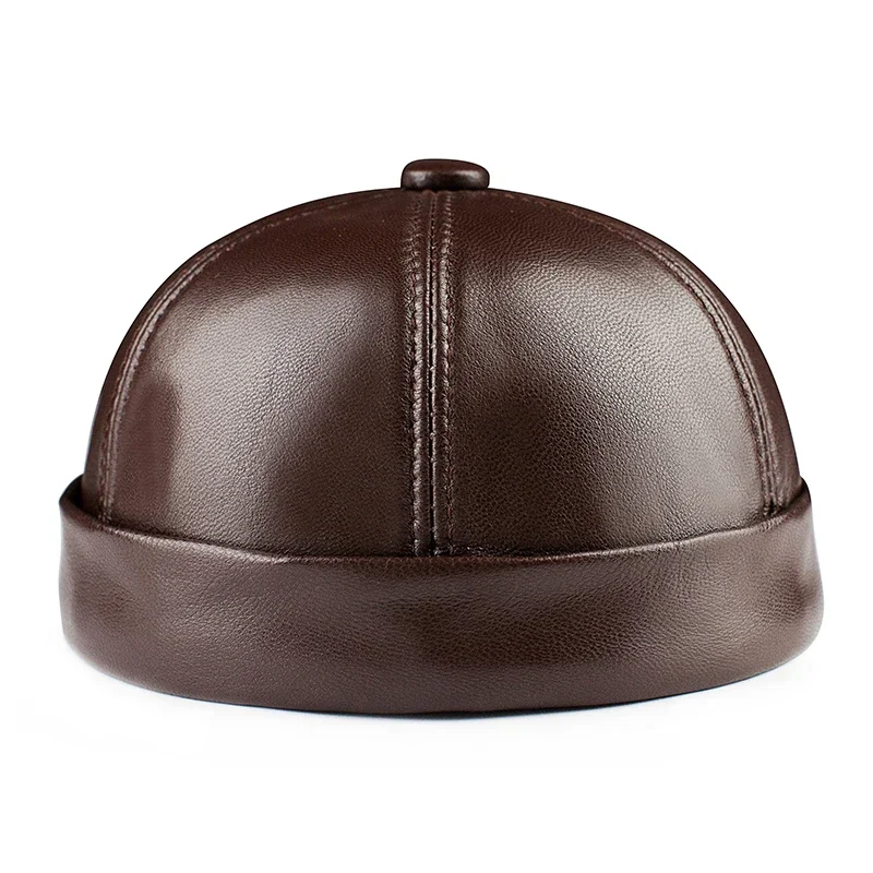 

Spring/Winter men Genuine Leather Retro Watermelon Thin Beanie Hats Male Casual Caps Female Black/Brown Boonie Hat Bonnet Mujer