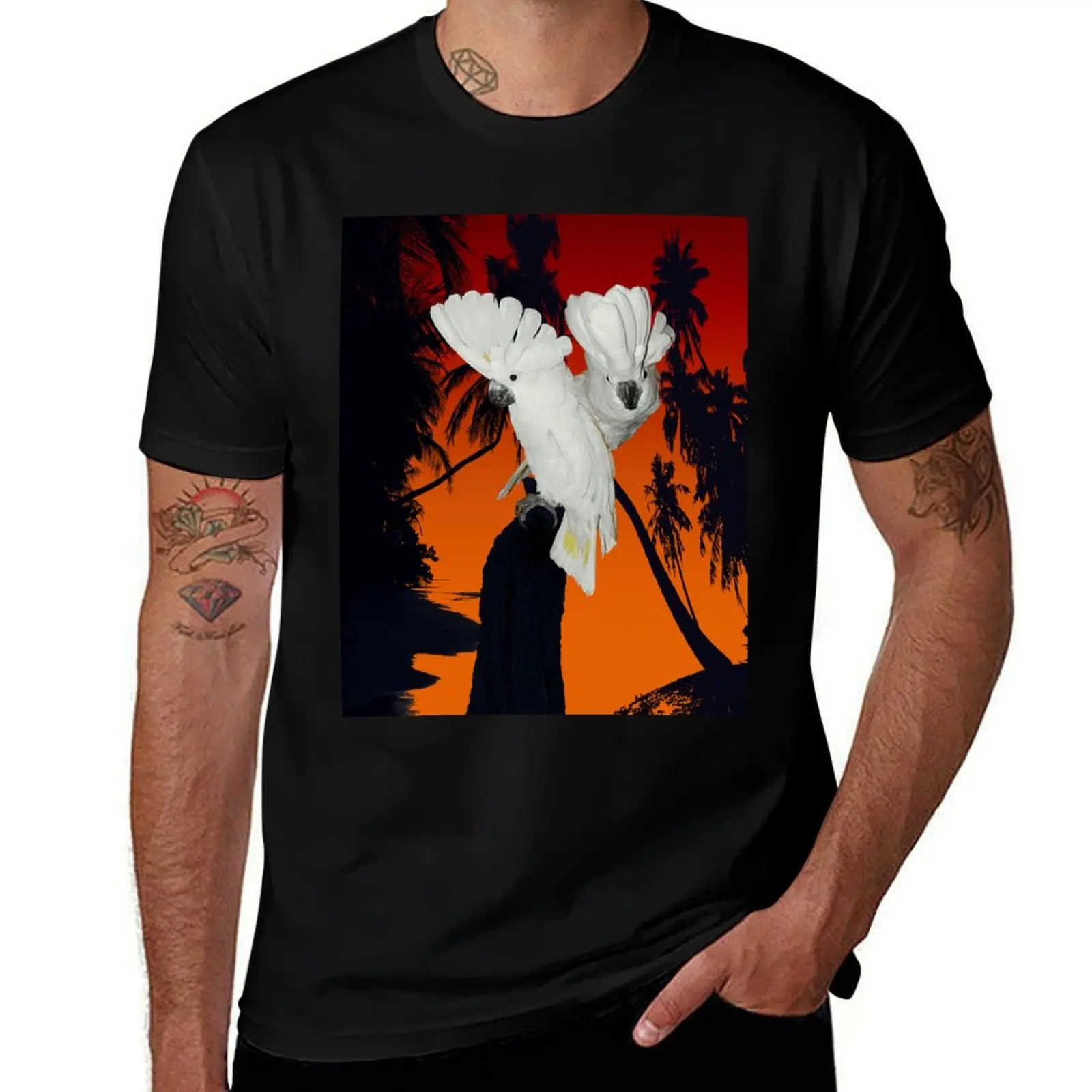 Tropical Umbrella Cockatoos Beach Art A314 T-Shirt Soft Durable Cotton T-Shirt