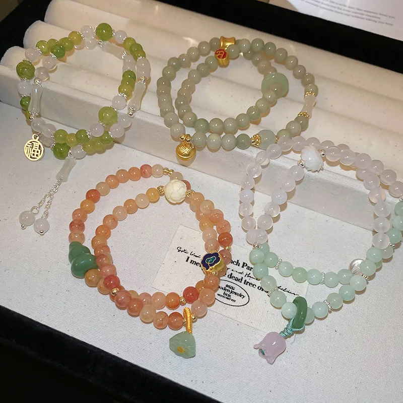 

Minar Vintage Multicolor Natural Stone Agate Calabash Lotus Elastic Beaded Strand Bracelets for Women Double Layered Accessories