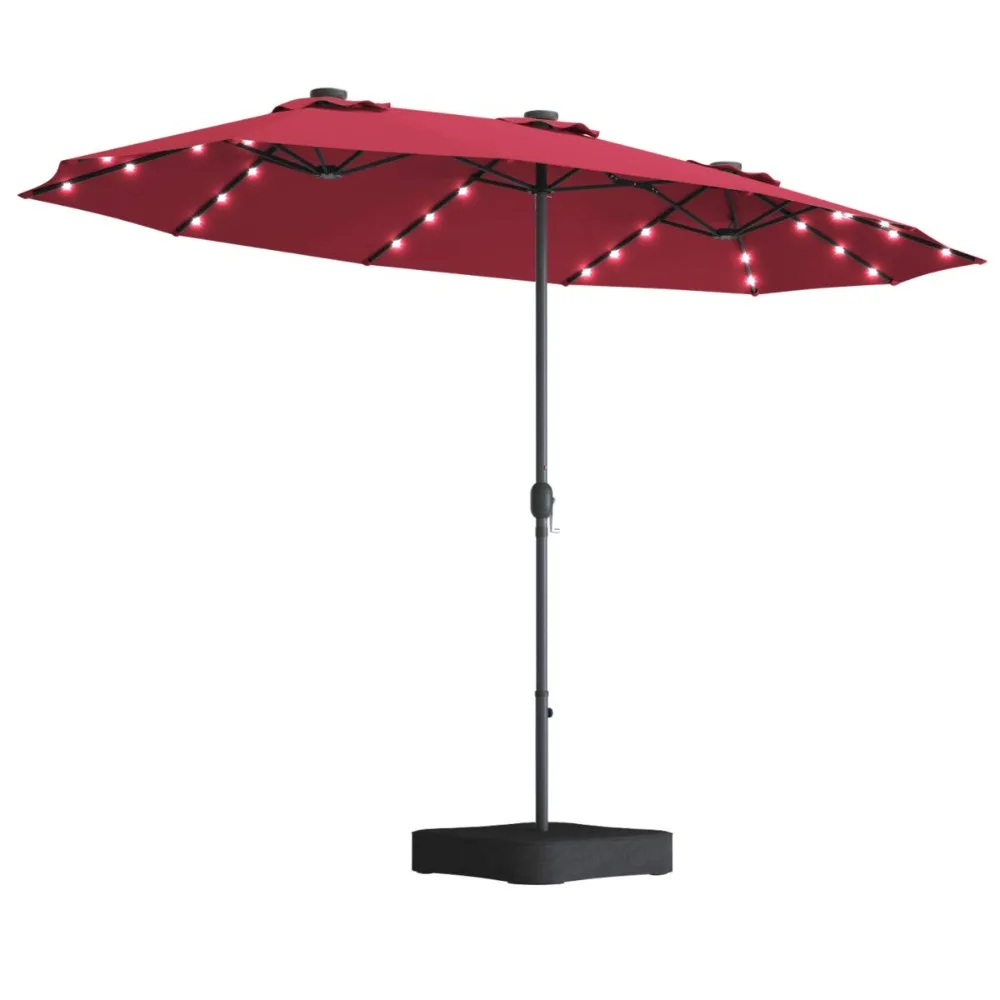 

15 Ft Solar Patio Umbrella with Base, Extra Large Outdoor Double-Sided Twin Umbrella with 36 LED Lights & Crank, Customized
