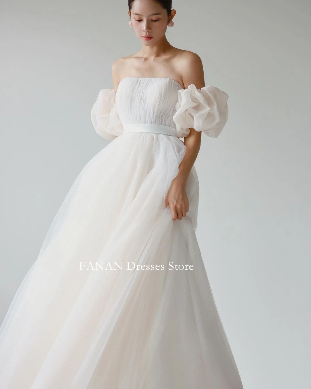 

FANAN Puff Sleeves Korea A-Line Strapless Ruched Tulle Wedding Dresses 웨딩드레스 Custom Made Corset Elegant Bride Gowns Plus Size