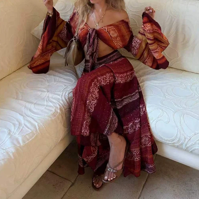 Sexy Tied Off Shoulder Top&Wide Leg Pants 2pc Set 2026 Summer Casual Beach Vacation Outfit Retro Print Backless High Waist Suits