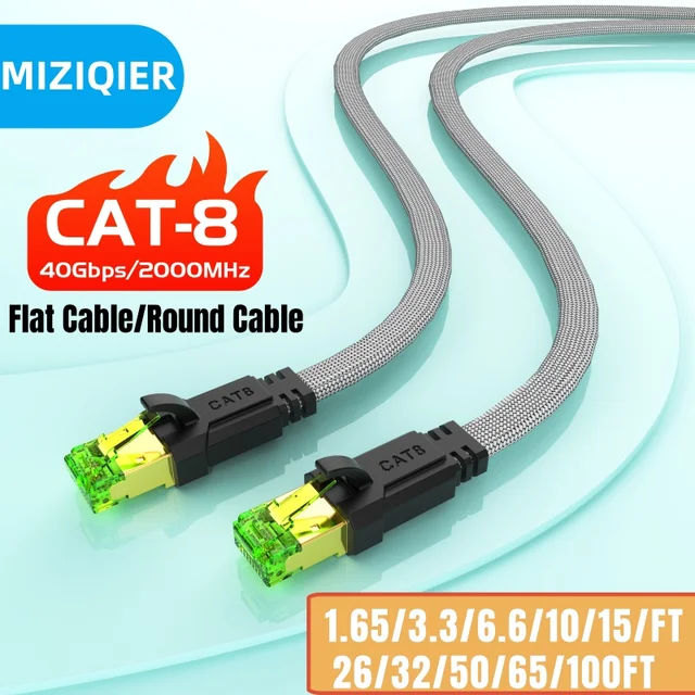 MIZIQIER Kabel Ethernet CAT8 40 Gb/s 2000 MHz CAT 8 Sieć Internet Lan w oplocie bawełnianym do laptopów PS 4 Router RJ45 Kabel