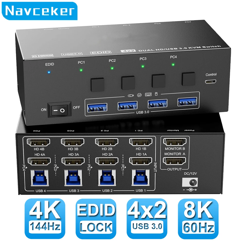 KVM-переключатель Navceker 8K HDMI 4-портовый 4K 120 Гц USB 3.0 KVM-переключатель 4 ПК 2-монитор Эмулятор EDID Двойные мониторы Share Keyboard Mouse