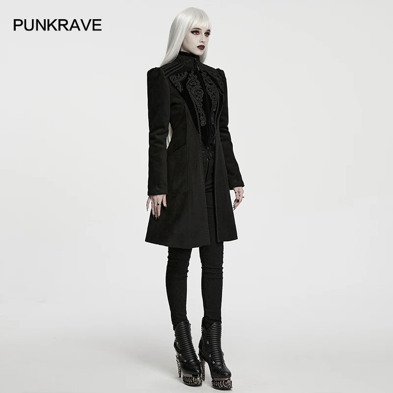 PUNK RAVE Women's Gothic Vintage Court Applique Warm Thick Wool & Flat Velvet Coat A-line Vintage Elegant Party Long Outwear