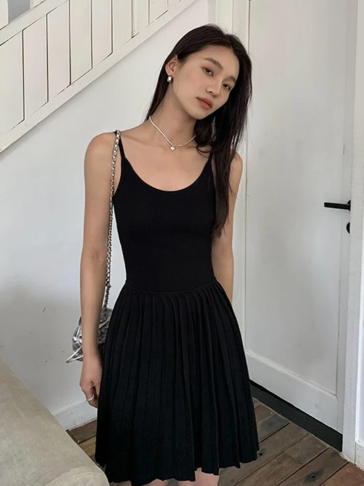 Pleated Dresses Women Slim Summer Korean Style Solid Suspender Knitwear Youthful Vitality Holiday Hotsweet Stretchy Daily Street