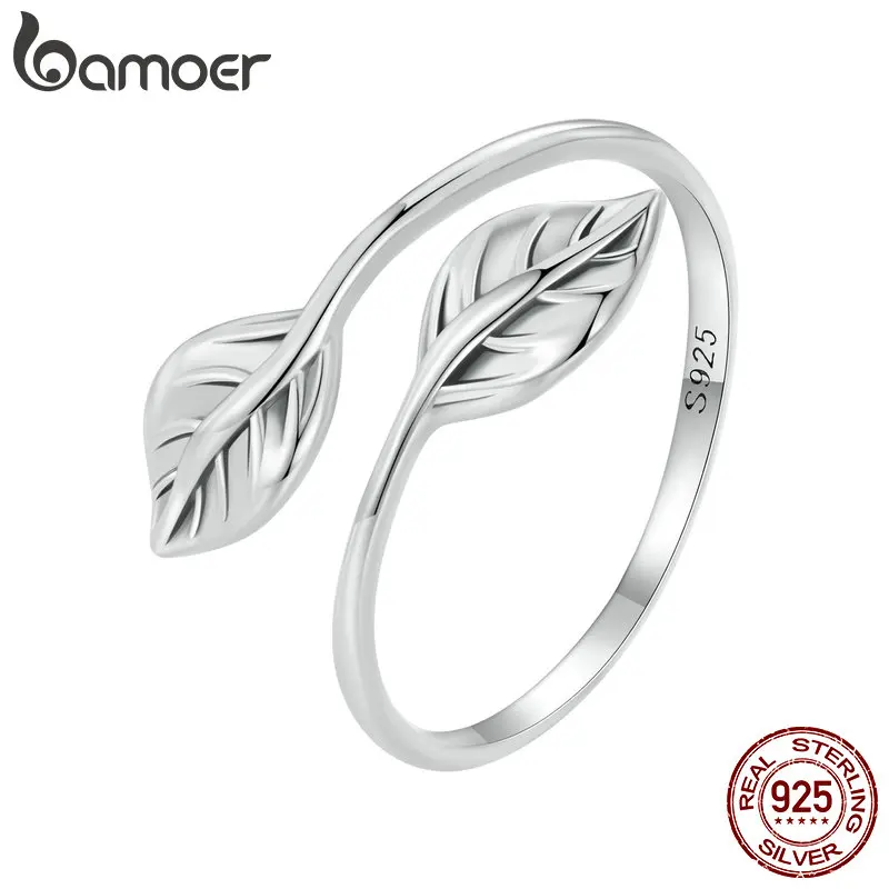 Bamoer 925 Sterling Silver Leaf Opening Ring Leaves Adjustable Ring 5-9 Size Platinum Plated Simple Jewelry for Women SCR975-E