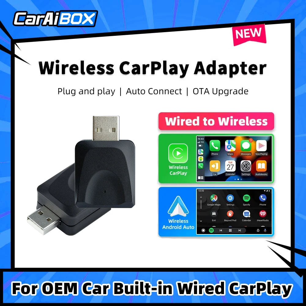 CarAIBOX Original Wired Carplay or Android auto to Wireless 2in1 Adapter Play and Plug for VW Benz Audi Mazda Nissan Peugeot