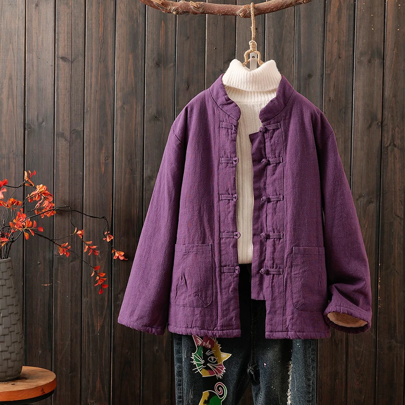 

Thiened Cotton Linen Jaet with Stand Collar And Button New Autumn Winter Chinese Sle Women's Coat Retro Loose Fit Long ...