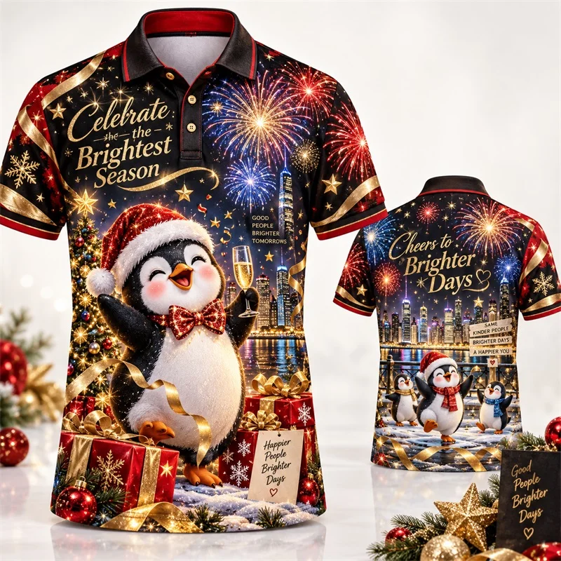 Xmas Men Polo Shirt Cute Penguin Santa hat Cityscape Gift Snowflake Print Short Sleeve polo shirts Tops For Male
