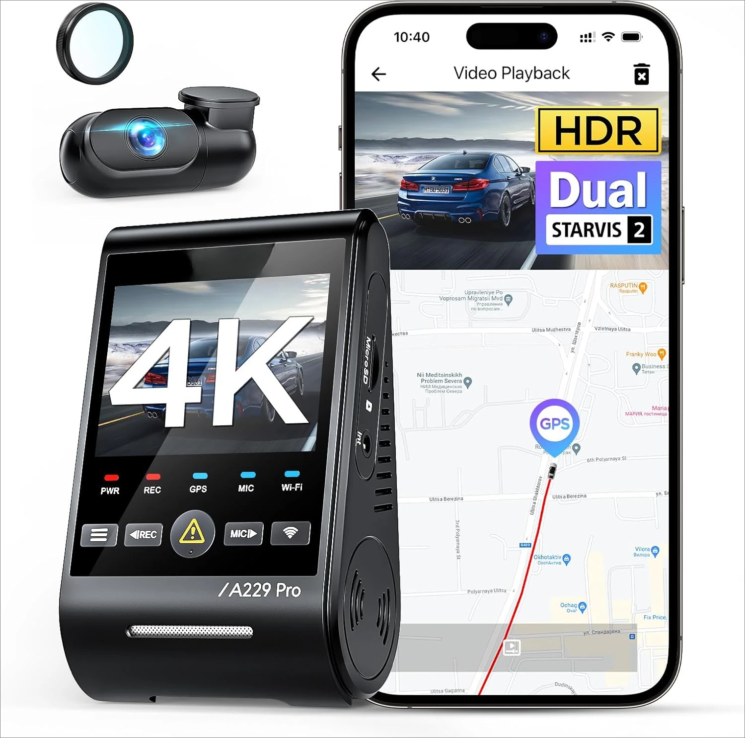 A229 Pro 4K HDR Dash Cam, Dual STARVIS 2 IMX678 IMX675, 4K+2K Front and Rear Car Camera, 2 Channel with HDR, Voice Control