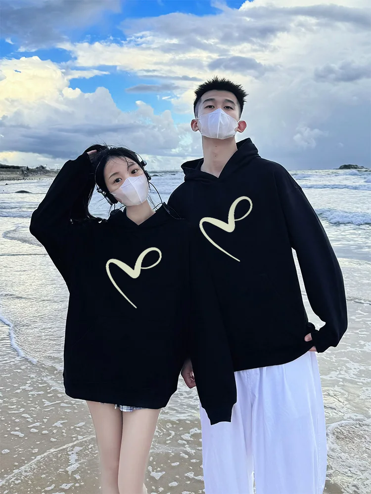 Golden Love Print Matching Couple Hooded Hoodies Sweatshirts 600G High Quality Cotton Men Women Long Sleeve Pullovers Top