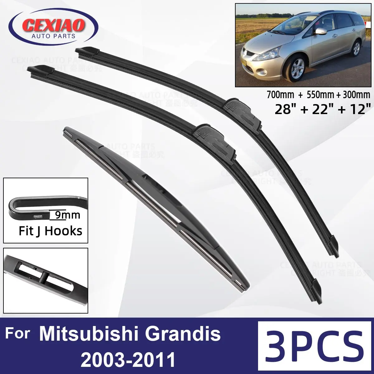 

For Mitsubishi Grandis 2003-2011 Car Front Rear Wiper Blades Soft Rubber Windscreen Wipers Auto Windshield 28"+22"+12" 2009 2010