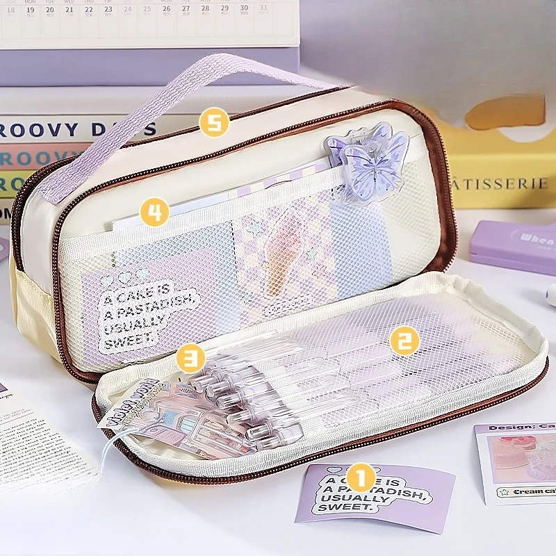 Dopamine Color Block Pencil Bag Handheld Multi Functional Large Capacity Unique Design High Appearance Stationery Bag