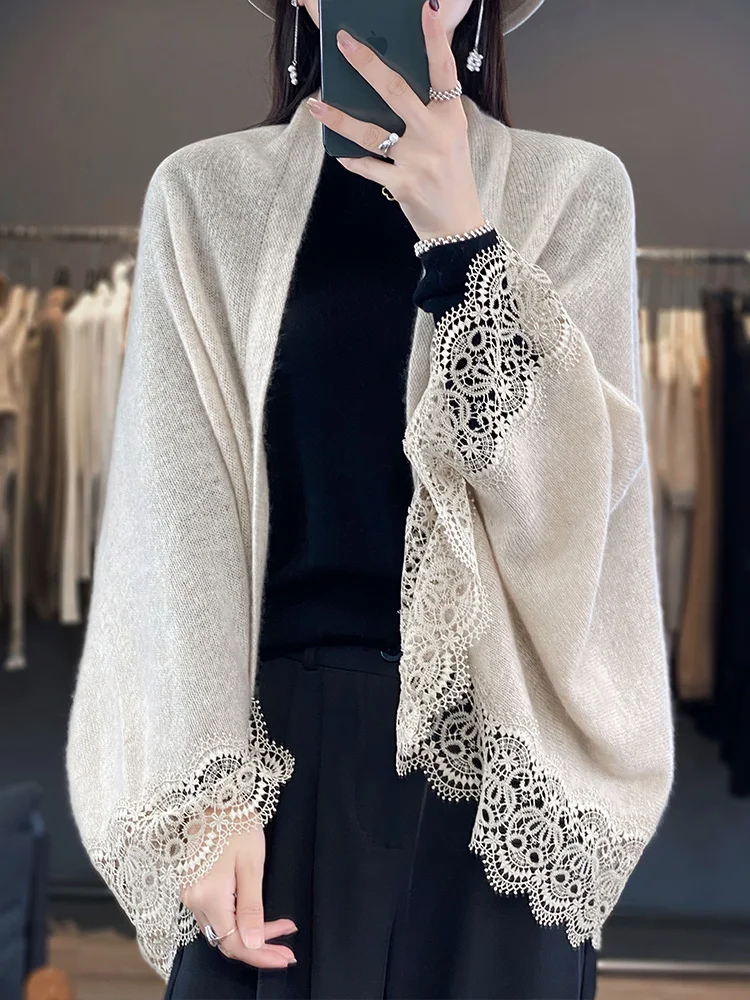 2024 Spring Autumn New Chic Shawl Women Cardigan Grace Soft 100% Merino Wool Knitted Sweater Korean Style Shawls Fanshion Tops