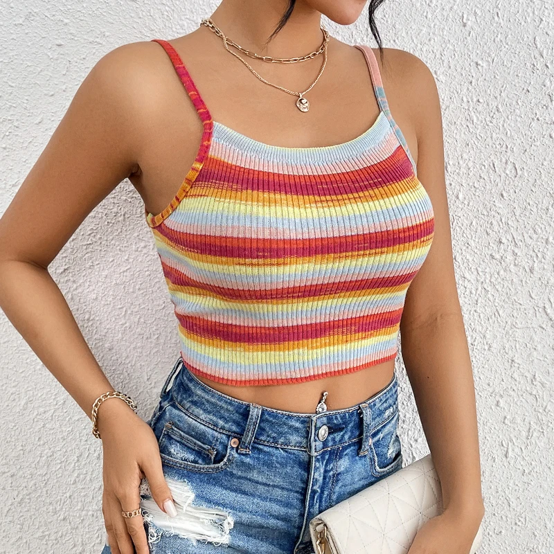 Casual Short Patchwork Striped Tank Top Women Streetwear Sleeveless Camisole Female 2026 Summer Sexy Backless Slim Vest Lady