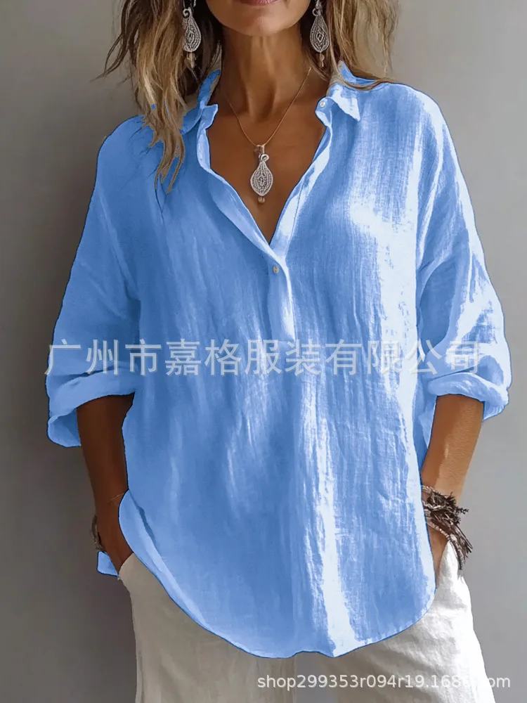 Kemeja Wanita Putih Model Terbaru 2025, Campuran Linen, Warna Solid, Longgar, Lengan Panjang, Kerah V, Blus untuk Wanita