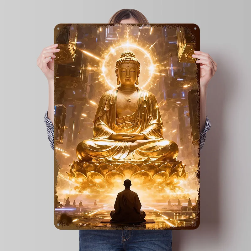 Goldener Buddha im Futuristischen Tempel Metallposter Individualisierte Wandkunst Retro Vintage Metallschilder für Männerhöhle Dekoration Zuhause Haus