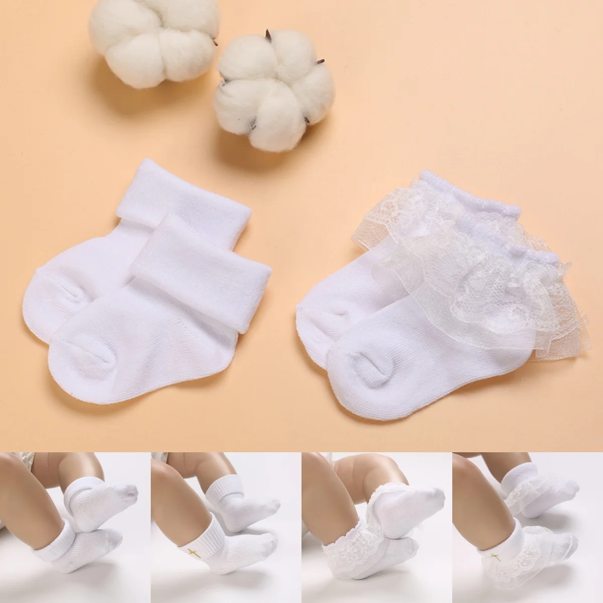 4 Pairs of White Versatile and Adorable Cotton Baby Socks for 0-1 Year Old Newborn Boys and Girls