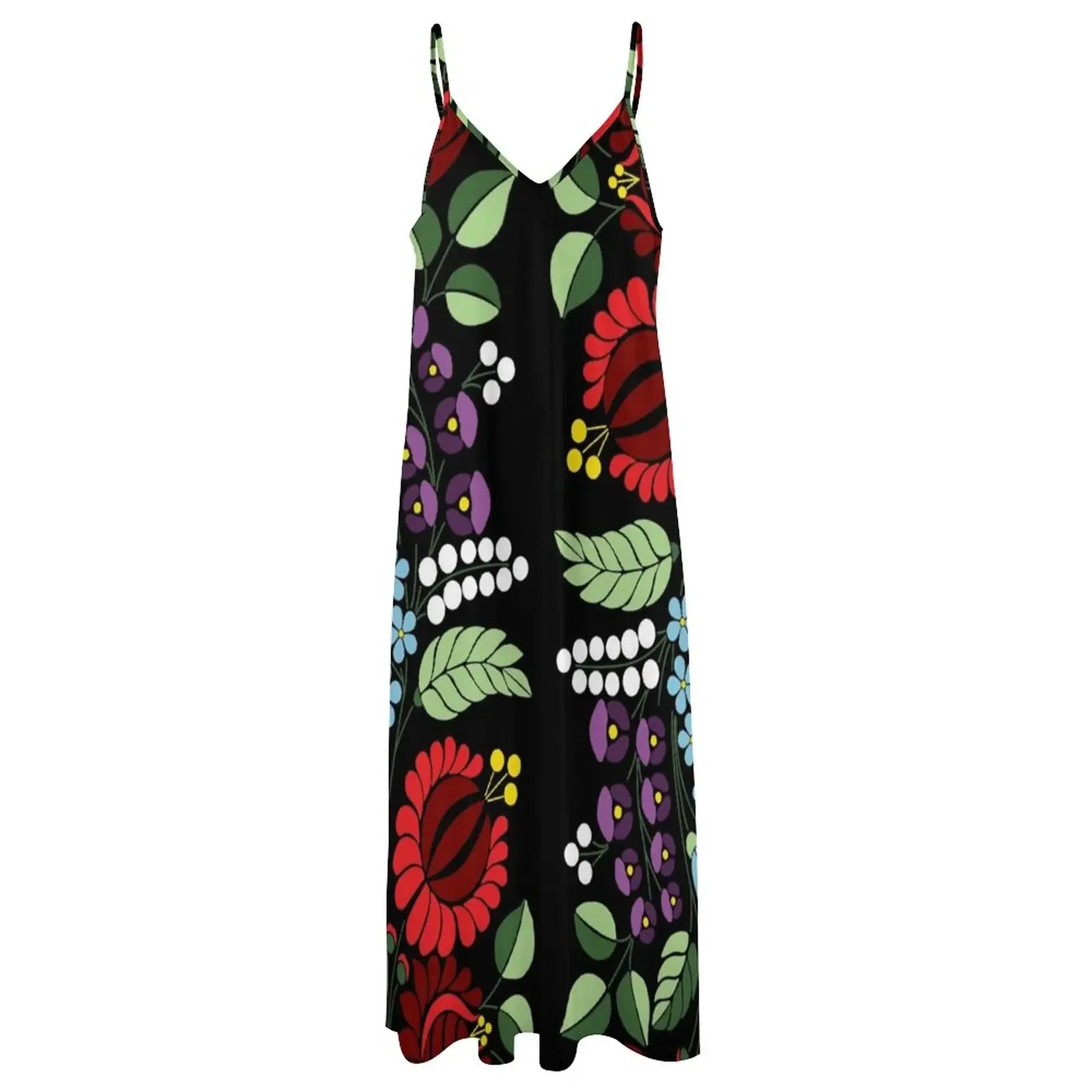 Kalocsa flowers, bright colours, black background / Kalocsai virágok, élénk színek, fekete háttér Sleeveless Dress