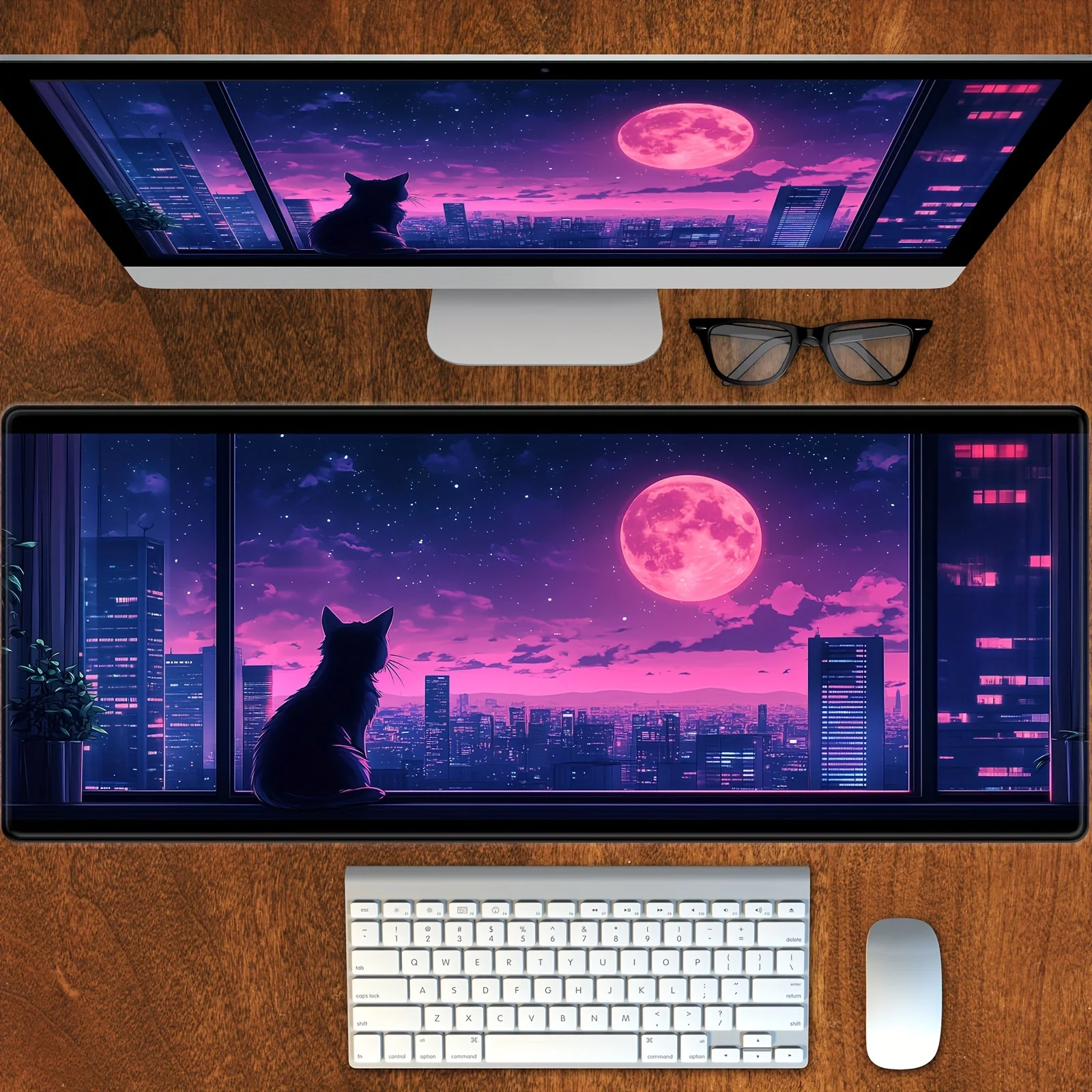 

Килимок для мыши в кибер-стиле с луной и котом, настольный коврик 30X80 см, игровой коврик, нескользящий прошитый край, аксессуары для стола, коврик для мыши, офисный коврик для мыши