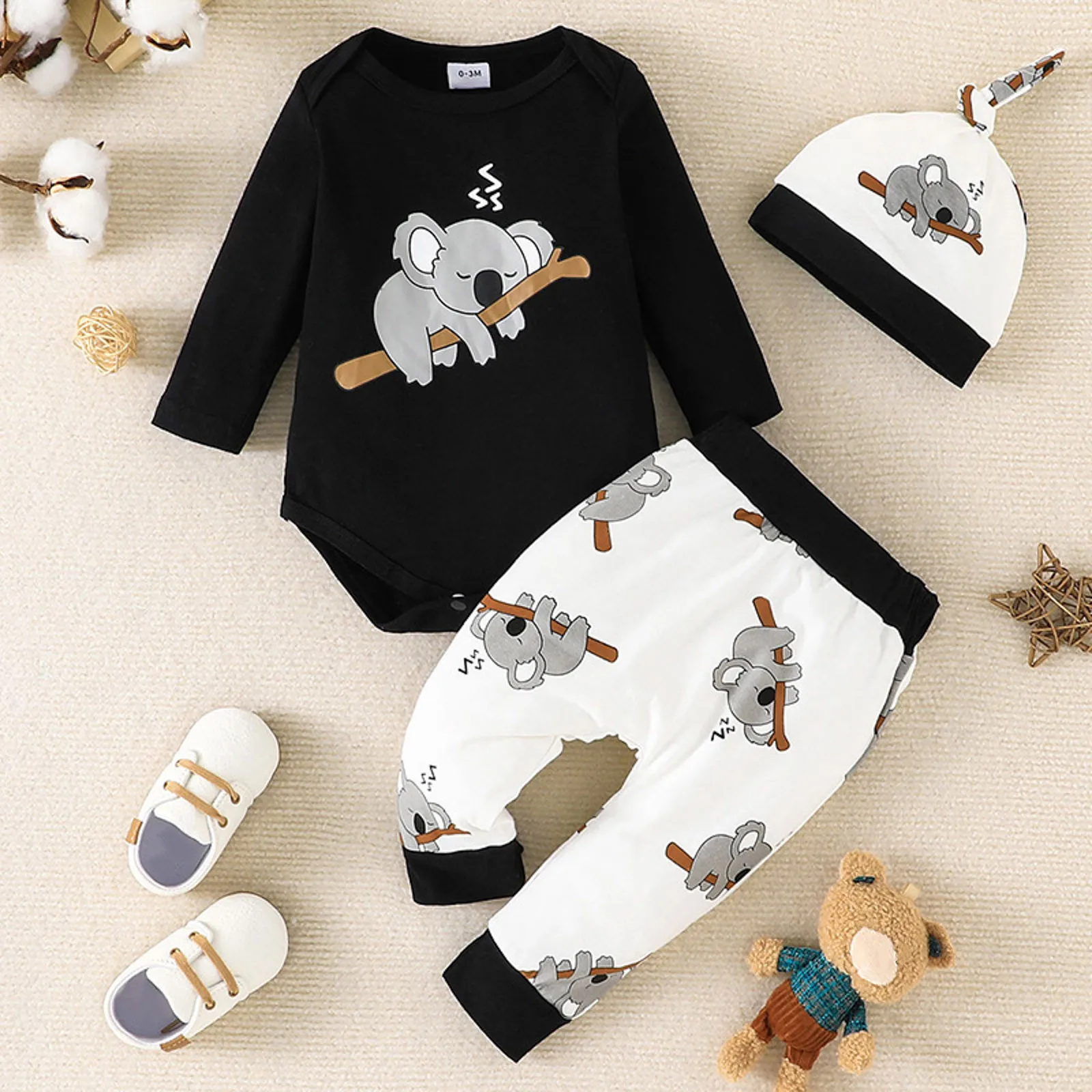 3pcs Infant Baby Boys Girl Cotton Long-sleeve Cartoon Koala Print Romper and Pants with Hat Set Soft and Comfortable Basic Style