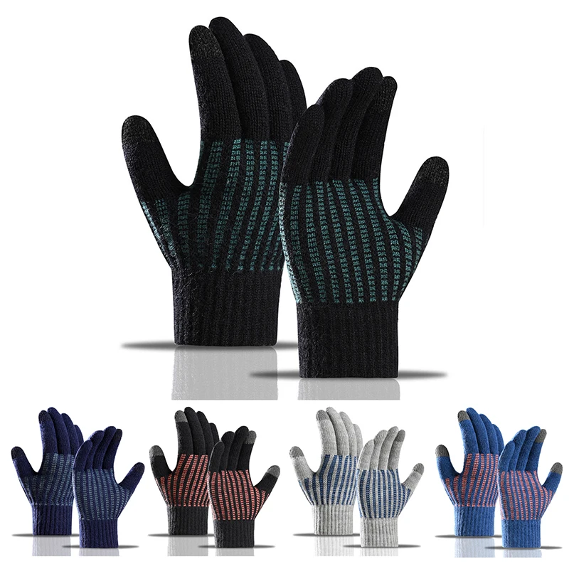 Winter Thickened Knitted Warm Gloves Touch Screen Solid Color All Finger Gloves Windproof Coldproof Driving Gloves For Women Men