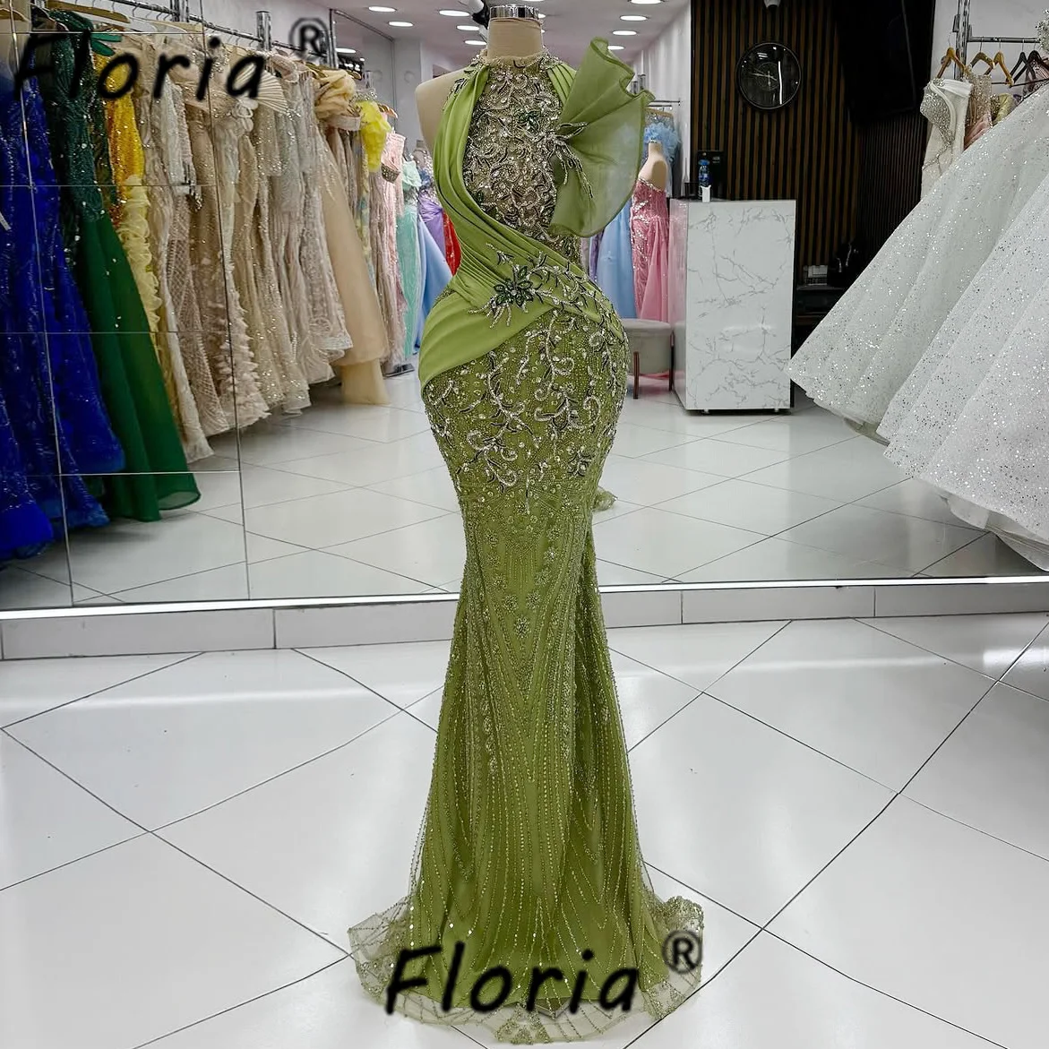 

Green Mermaid Evening Dresses Luxury Beaded Crystals Prom Party Dress 2025 Robe de soiree Customized Formal Occasion Vestidos