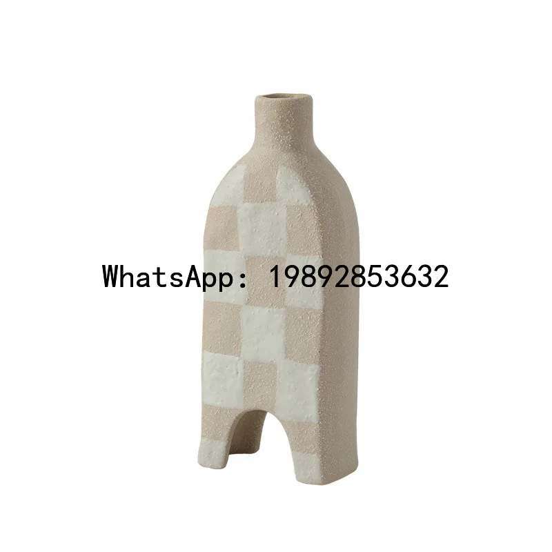 Frosted Ceramic Vase Geometric Check Pattern Flower Vase Flower Arrangement Accessories Coarse Pottery Pot Home Decoration
