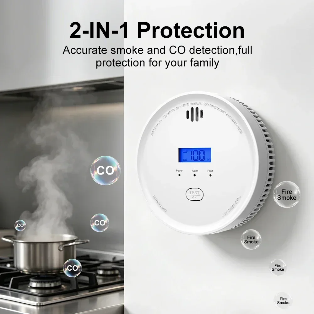 2 in 1 Smoke CO Detector CE Certified Long Battery Life Photoelectric Electrochemical Sensor 85dB Alarm Carbon Monoxide Detector