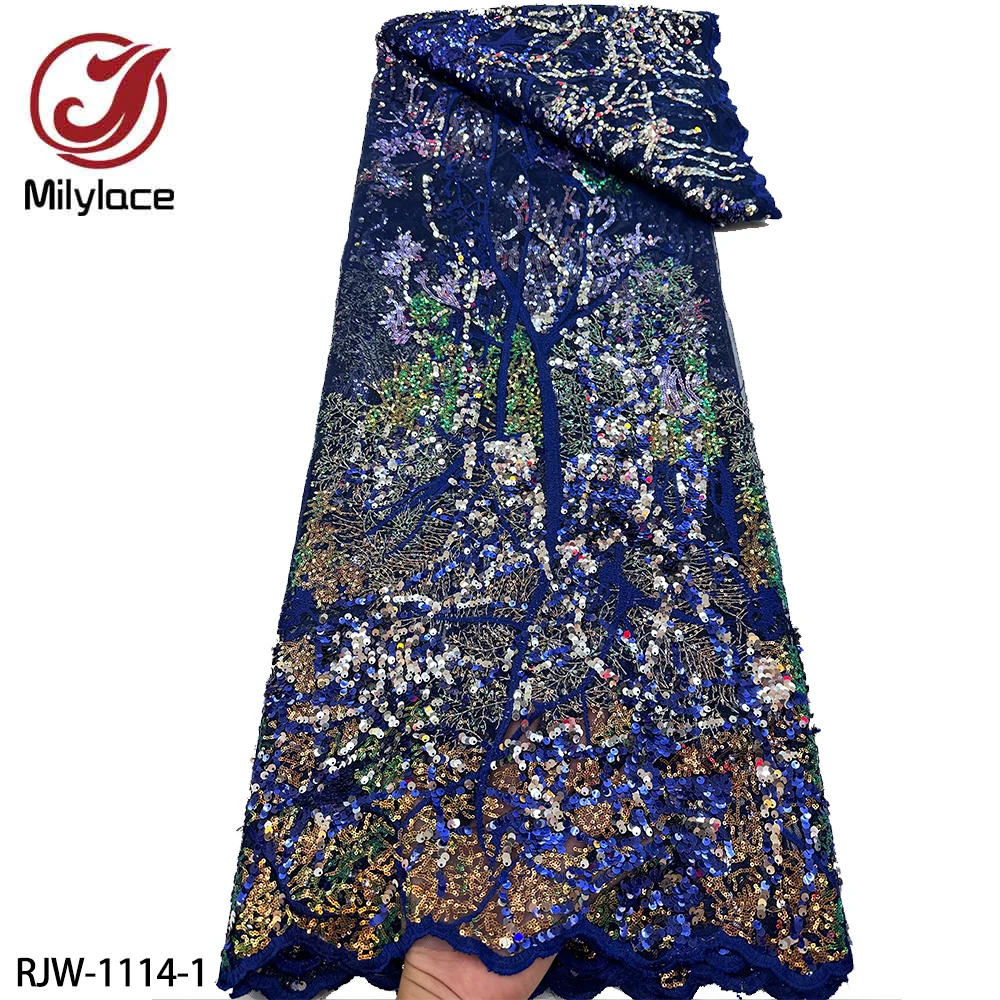 

Fashion French Mesh Embroidery Sequins Lace Fabric African Nigerian Lace Fabric for Wedding Dress RJW-1114