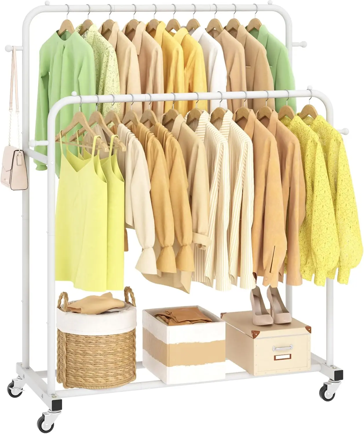 

Double Rods Garment Rack with Wheels, Clothing Rack for Hanging Clothes,4 Hooks, Multi-functional Bedroom Clothes Rack, White
