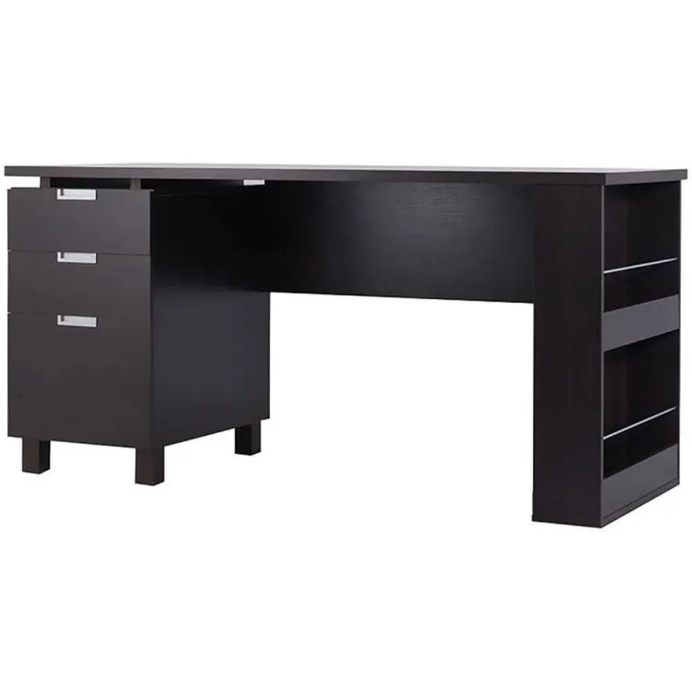 

Wood and Steel Office Desk, 59 Wide, Polished Finish, Storage Cabinet, Open Shelves, Chrome Details, Suitable for Home or Worksp