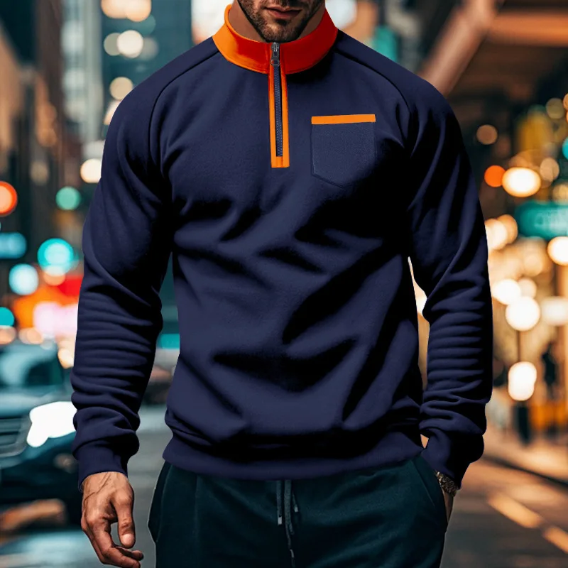 Men-Fleece-Lined-Half-Zip-Sweatshirt-Stand-Collar-Color-Block-Pocket-Pullover-Autumn-Winter-Loose-Casual-Warm-Long-Sleeve-Tops