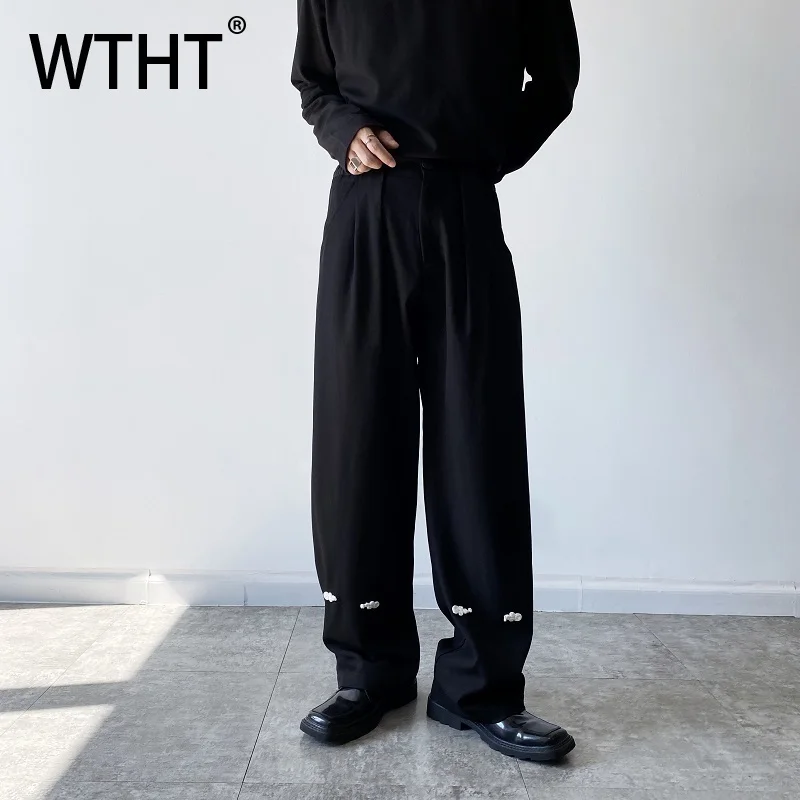 

WTHT модные осенние мужские брюки со сращенными металлическими плиссированными дизайнами, модные повседневные широкие брюки с высокой талией, мужские 2A2085