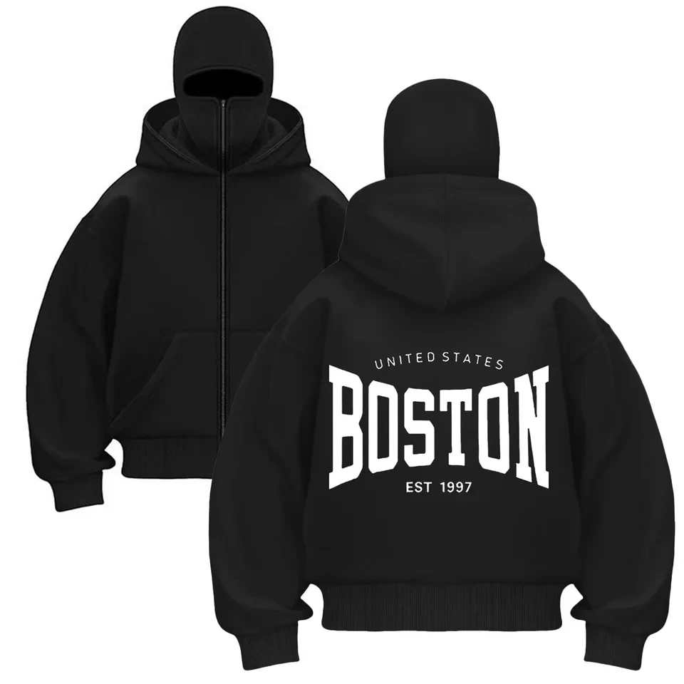 Moletons Masculinos com Balaclava Y2K Gótico Harajuku, Jaquetas de Moletom com Capuz Duplo e Manga Longa, Estampa de Letras, Roupas Esportivas com Zíp