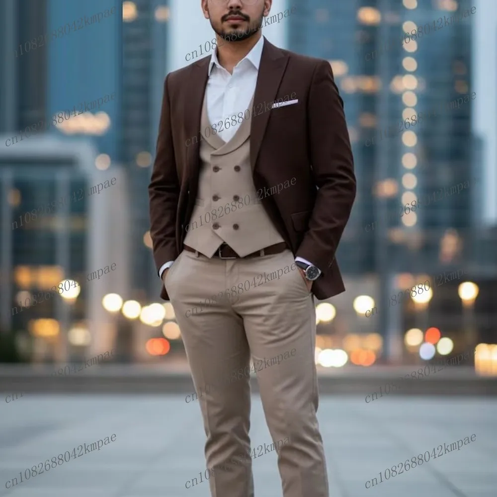 

Dark Brown And Khaki Formal Men Suit Groom Groomsman Wedding Party Prom Business Male Tuxedos 3 Piece Set Blazer Vest Pants