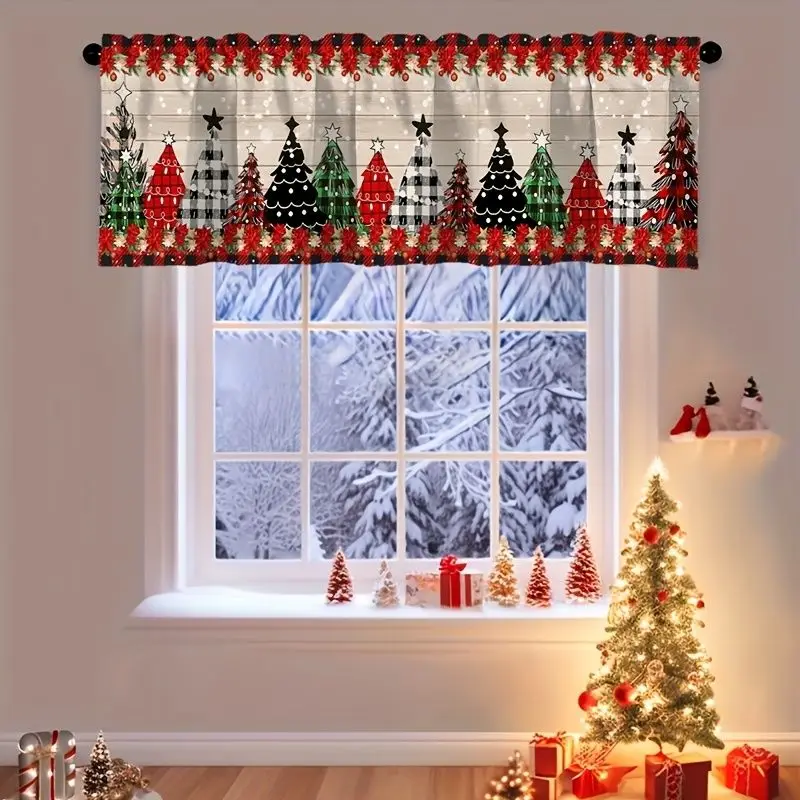 VIKAMA Wood Grain Multi Plaid Pine Forest Poinsettia Border Christmas Short Window Curtain Rustic Tartan Holiday Home Decor Soft