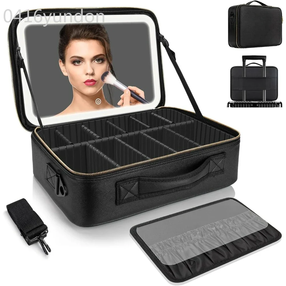 

Large Travel Makeup Bag with LED Mirror 14.6"X10.3" Makeup Organizer Bag 3 Color Scenarios Adjustable Brightness Portable