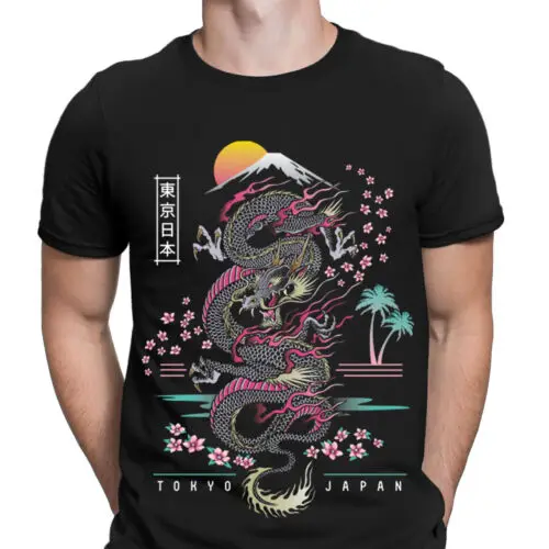 Japanese Tokyo Dragon Asian Inspired Neon Retro 80s Style Mens T-Shirts Top #NED