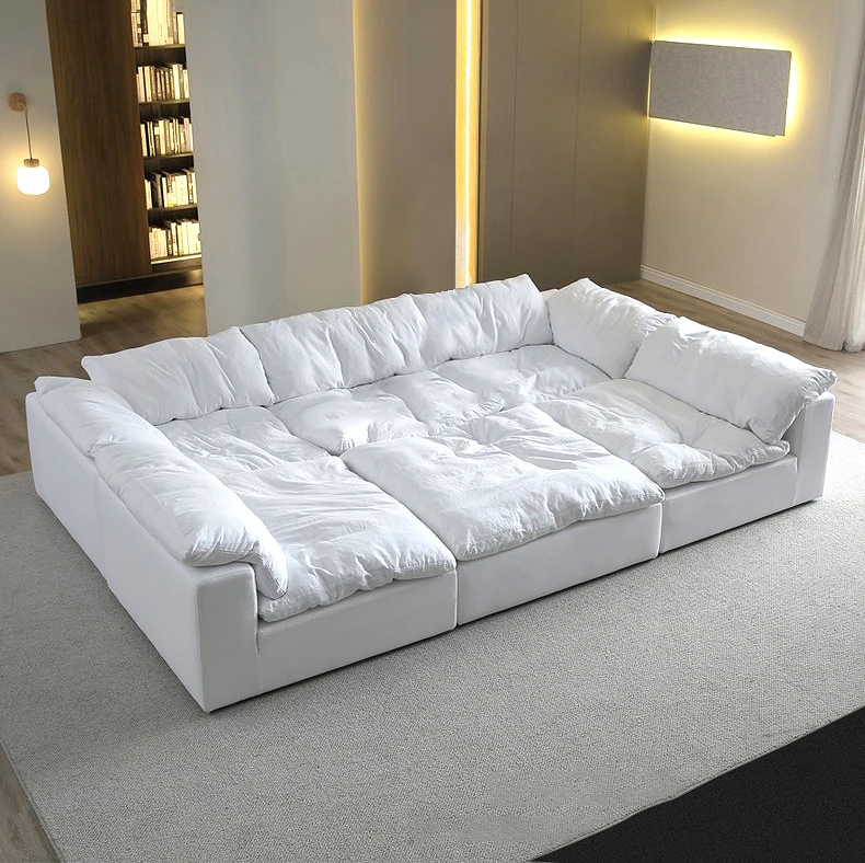 Plush Collection Contemporary Down Filled Comfort Overstuffed Velvet Upholstered Modular Sectional 5-Seater and 1 Ottoman Cream