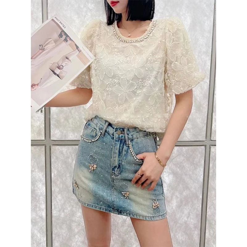 Diamond-mounted Denim Skirt 2026 Summer American Style Slim-looking A-line Skirts Sweet Blue Zipper Pockets Woman Clothes